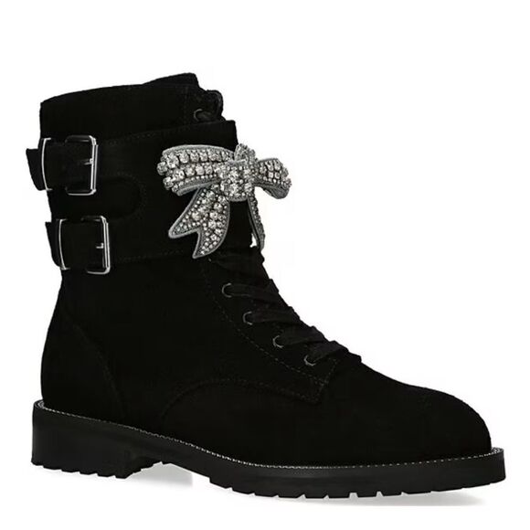 Kurt Geiger London Sutton Suede Bootie Buckle Crystal Bow Combat Boots Size 38 - Picture 1 of 11